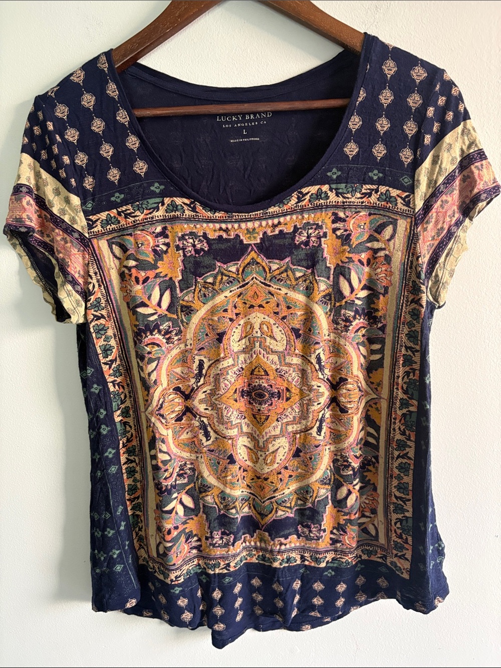 Lucky Brand Boho Mandala Print Short Sleeve Top Navy Size Large